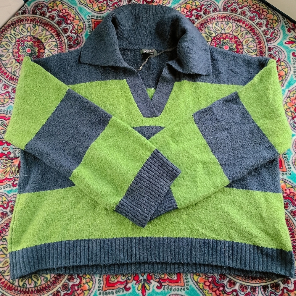 Wild Fable Blue And Green Striped Polo Sweater Size Small